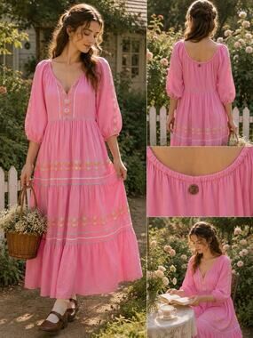 Simply Southern Pink Tiered 3/4 Sleeve Cotton Dress XL Midi Boho